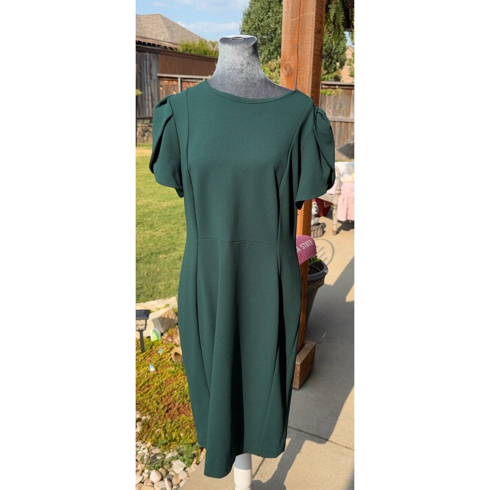 Calvin Klein Dress Womens 14 Green Tulip Sleeve Sheath Career Cocktail Midi