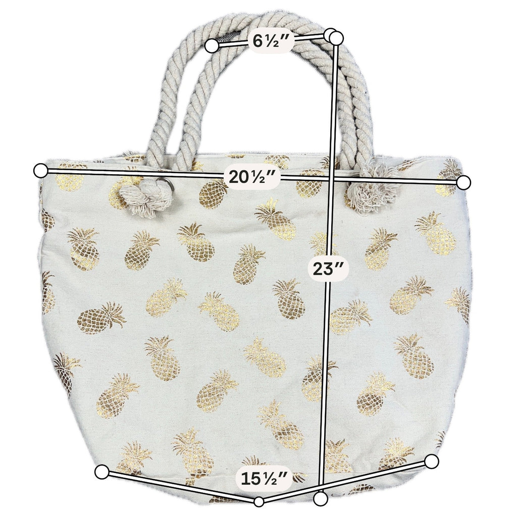 Large Gold Pineapple Canvas Beach Tote Bag Rope Handles Zip Top Cream