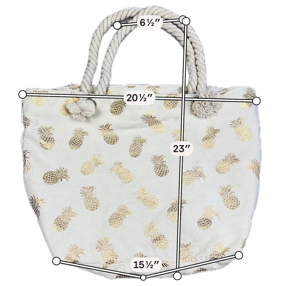 Large Gold Pineapple Canvas Beach Tote Bag Rope Handles Zip Top Cream