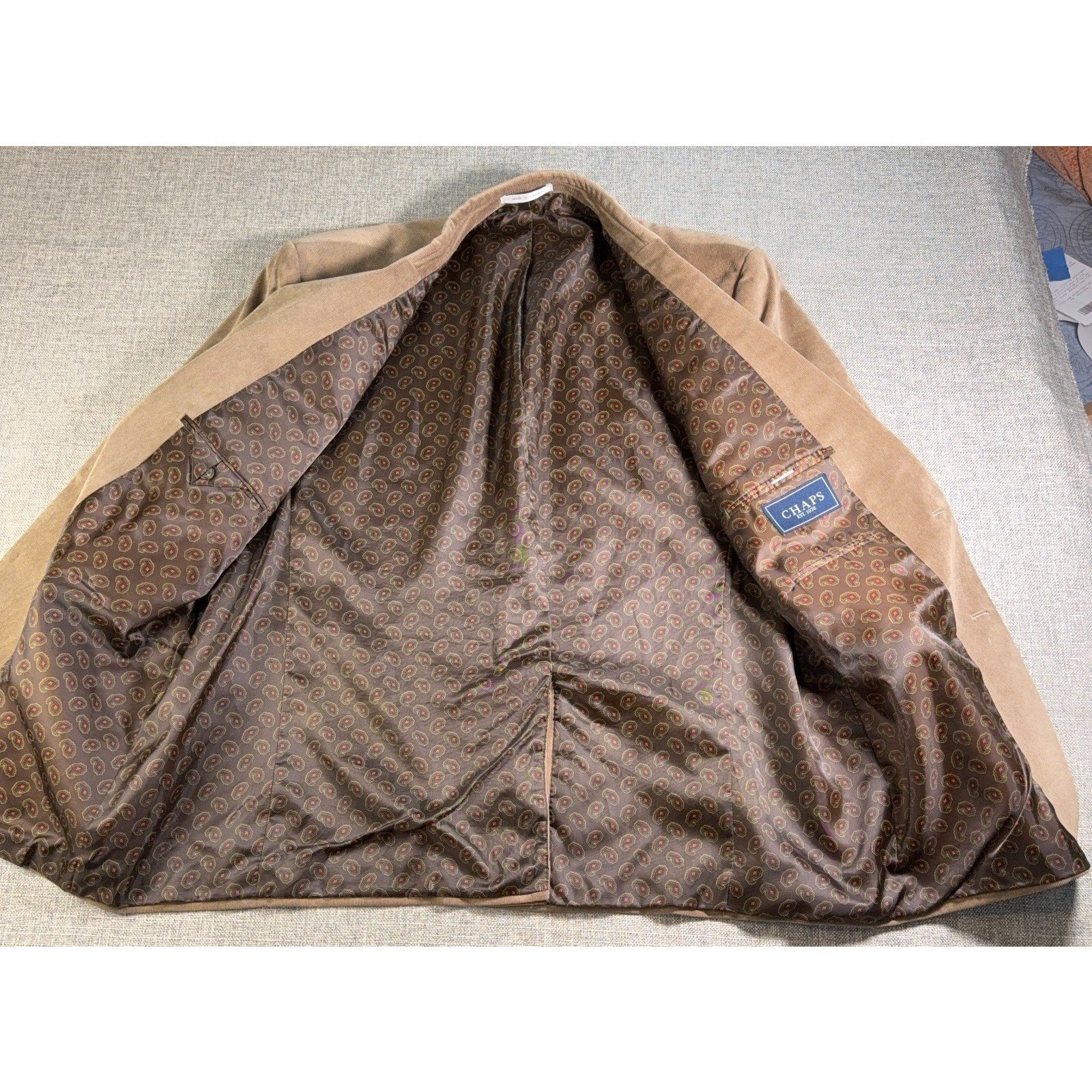 Chaps Mens 50R Tan Corduroy Blazer Sport Coat Paisley Lined 2 Button