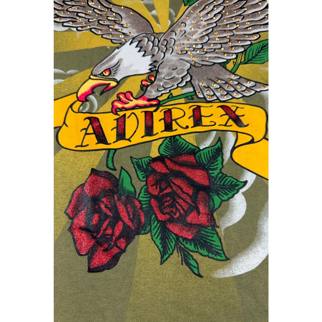 Avirex Mens L Eagle Roses Graphic T Shirt Rhinestone Studded Olive Green Y2K