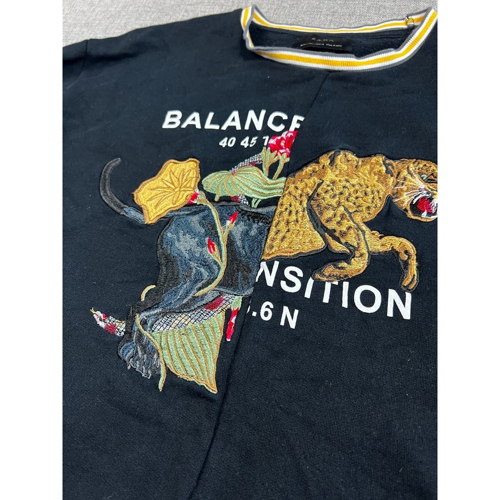Zara Balance Tiger Elephant Embroidered Sweatshirt Womens L Black Rare