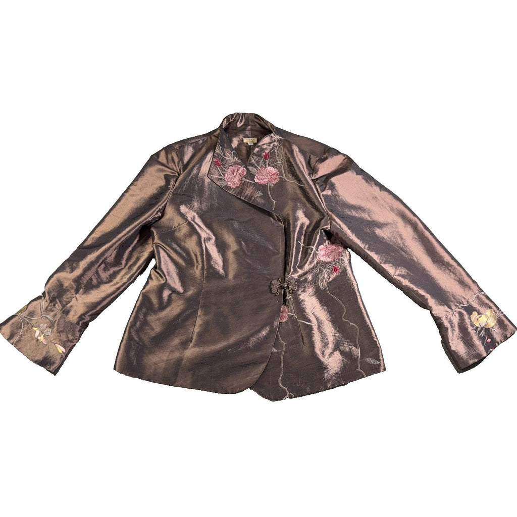 Mina Collections Womens L Embroidered Satin Jacket Floral Frog Closure Asian