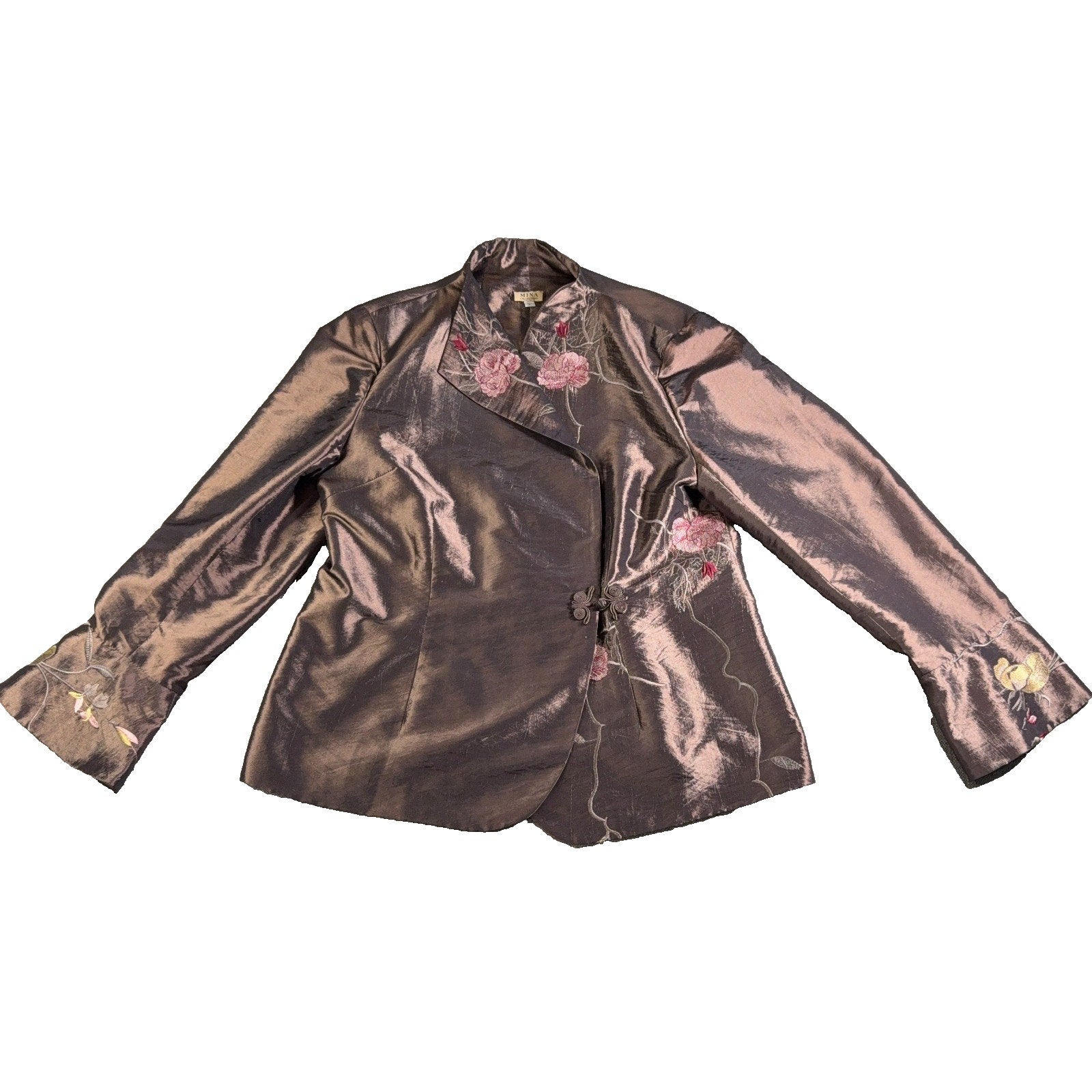 Mina Collections Womens L Embroidered Satin Jacket Floral Frog Closure Asian