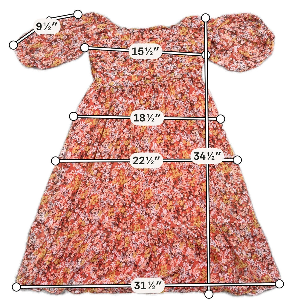 LC Lauren Conrad Dress Womens XS Coral Orange Floral Puff Sleeve Smocked Ruffle