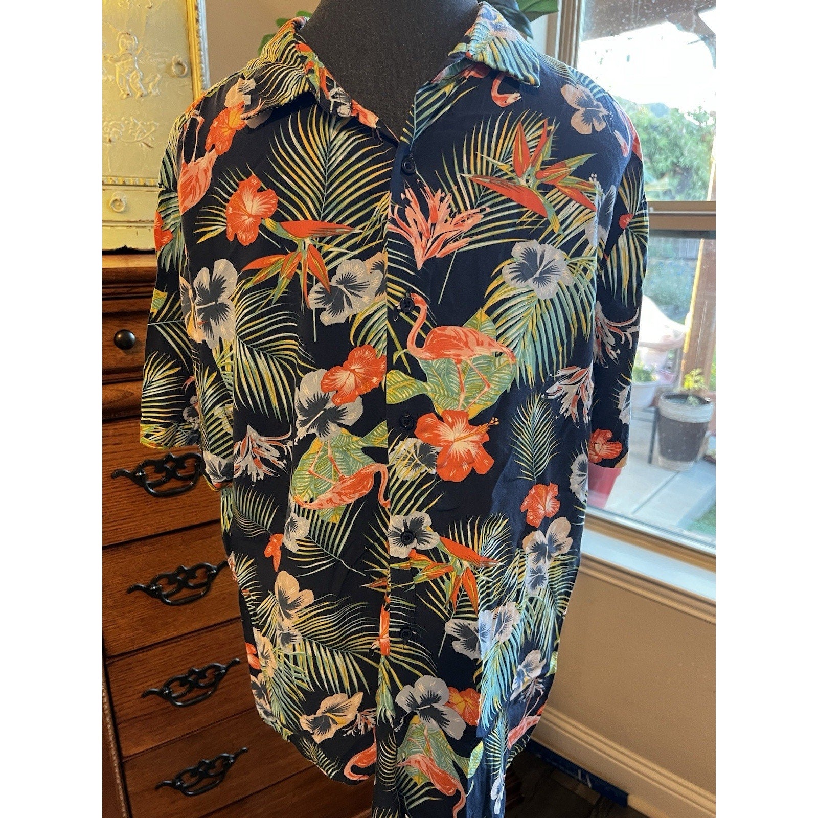 Denim And Flower Ricky Singh Tropical Flamingo Hawaiian Camp Shirt Men’s L