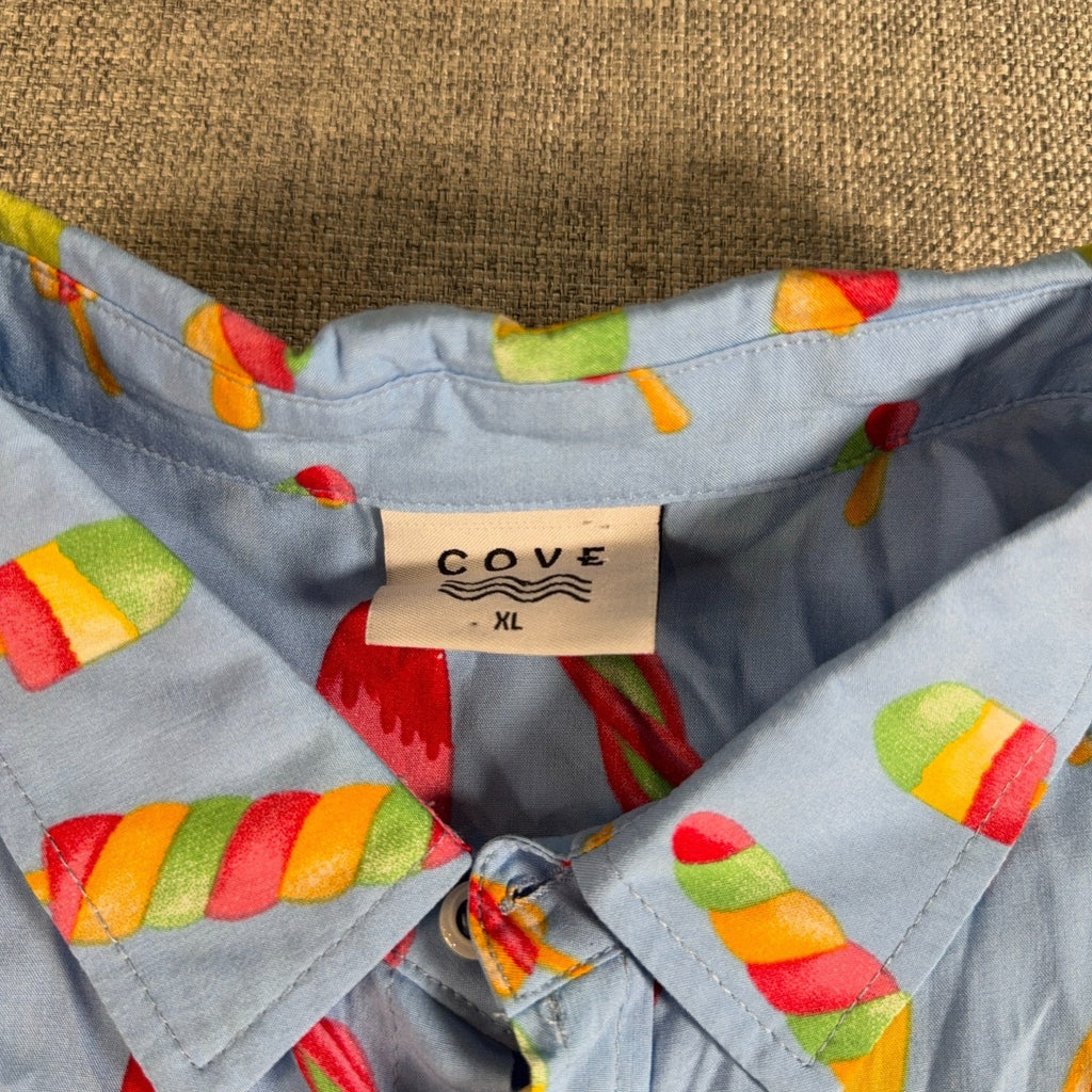 Cove Mens XL Rayon Button Up Shirt Blue Popsicle Print Novelty Vacation Beach