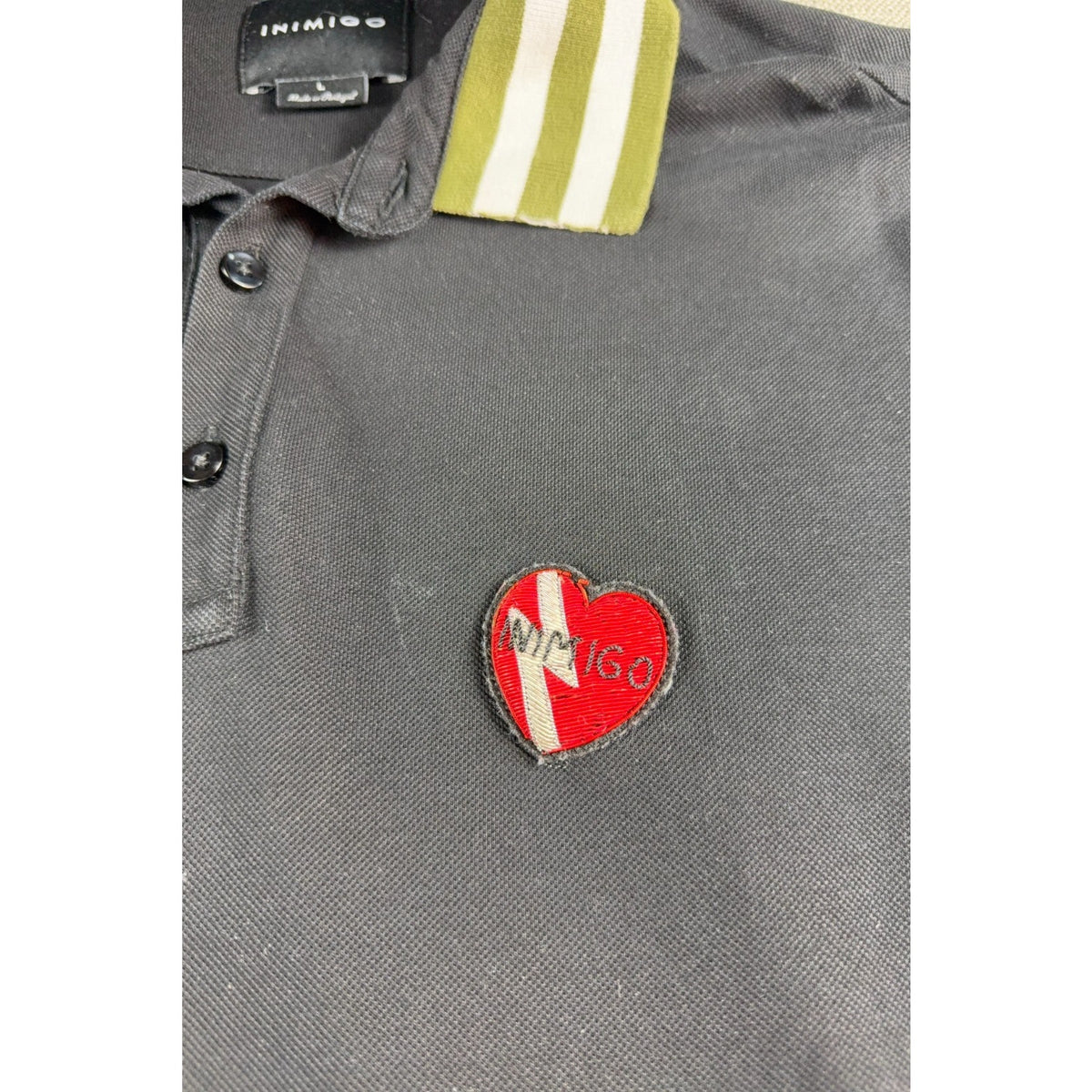 INIMIGO Contrast Heart Polo Shirt Men's L Black Olive Made in Portugal