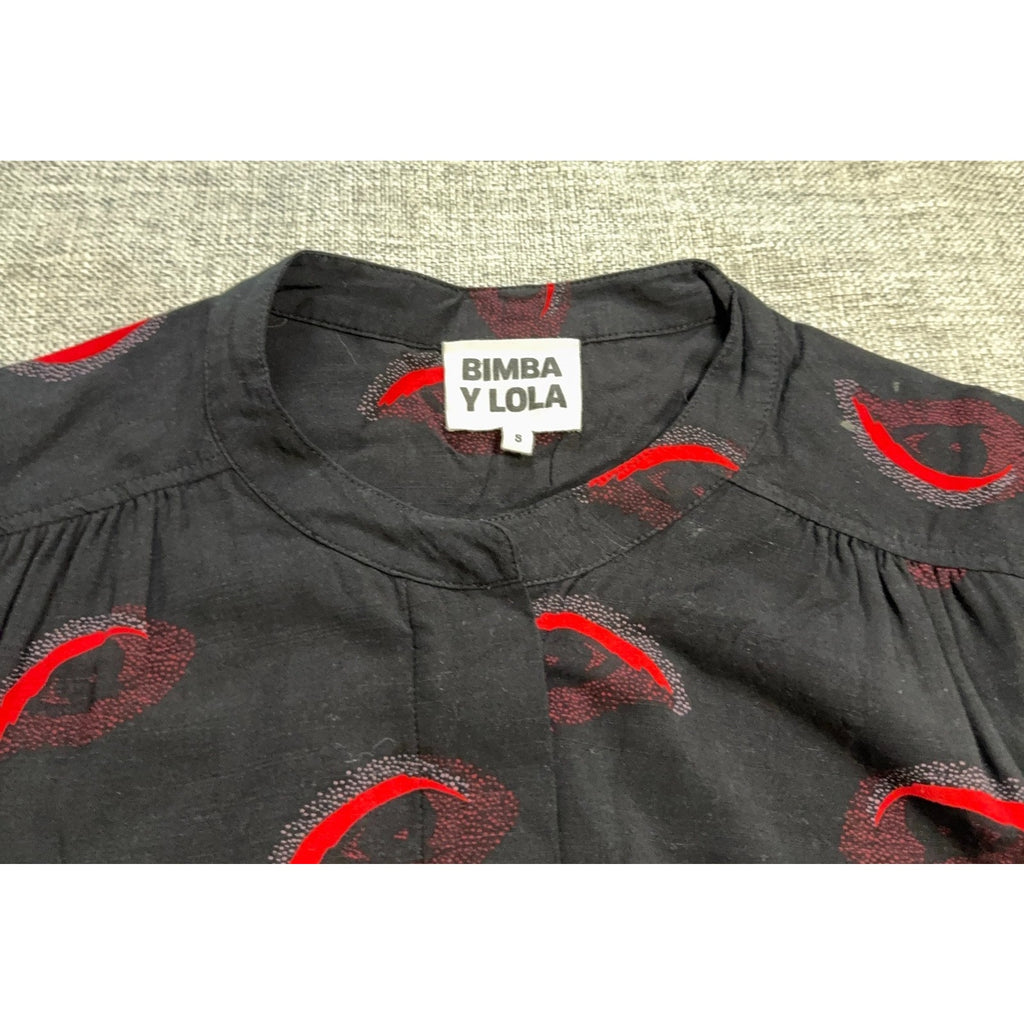 Bimba Y Lola Dress Womens Small Black Red Eye Print Long Sleeve Artsy Drop Waist