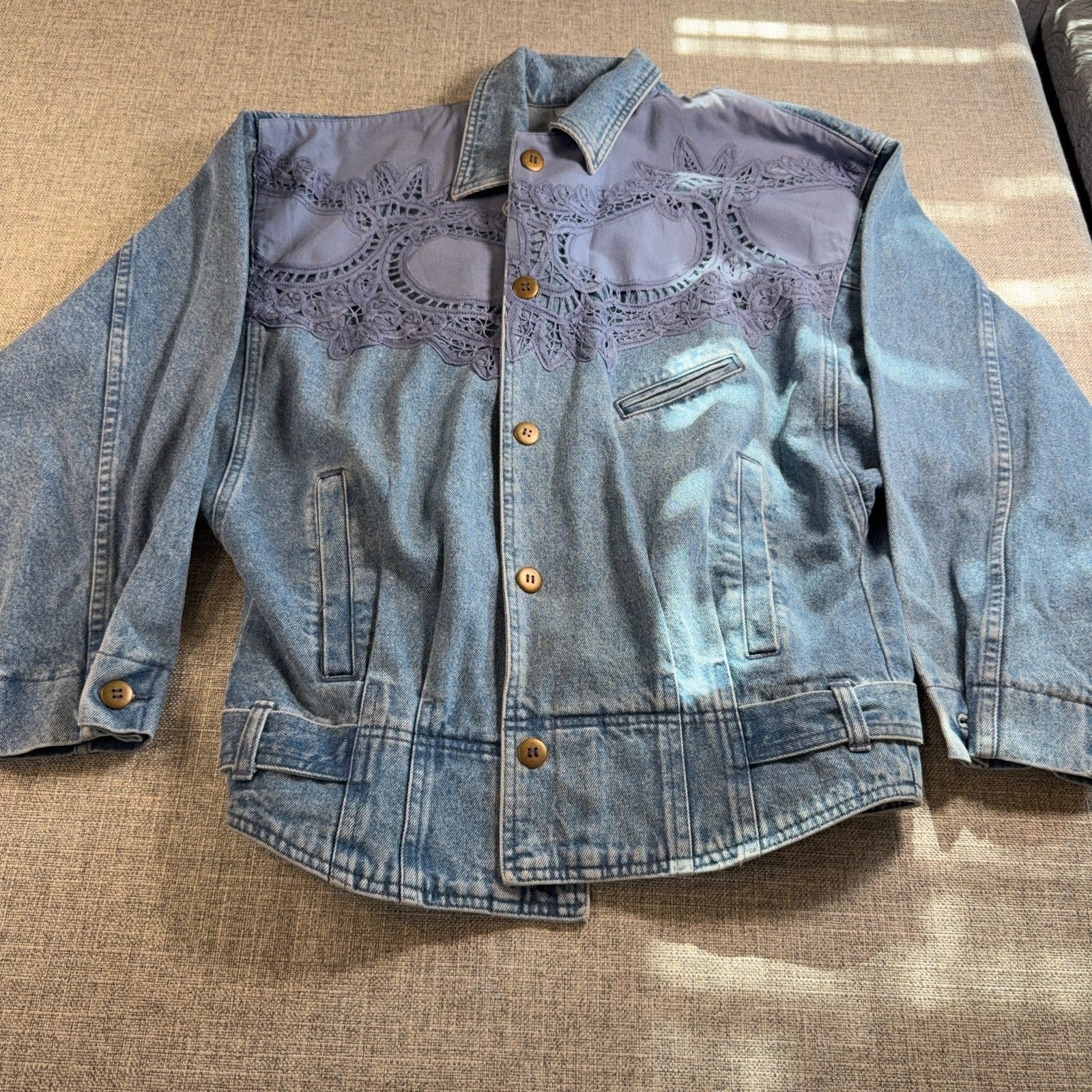 Vintage 90s Together Denim Lace Jacket Women M Batwing Acid Wash Boho Western