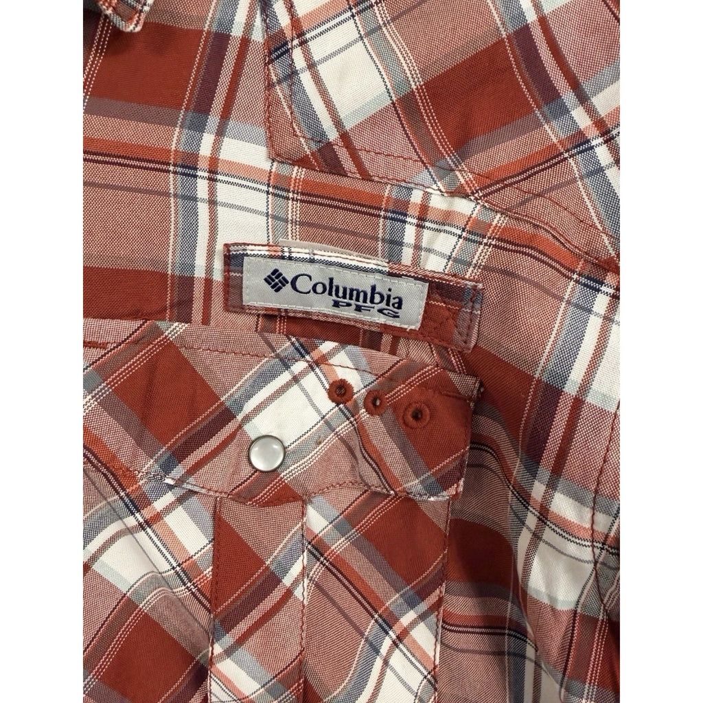 Columbia PFG Plaid Fishing Shirt Men’s Medium Red Snap Long Sleeve Outdoors