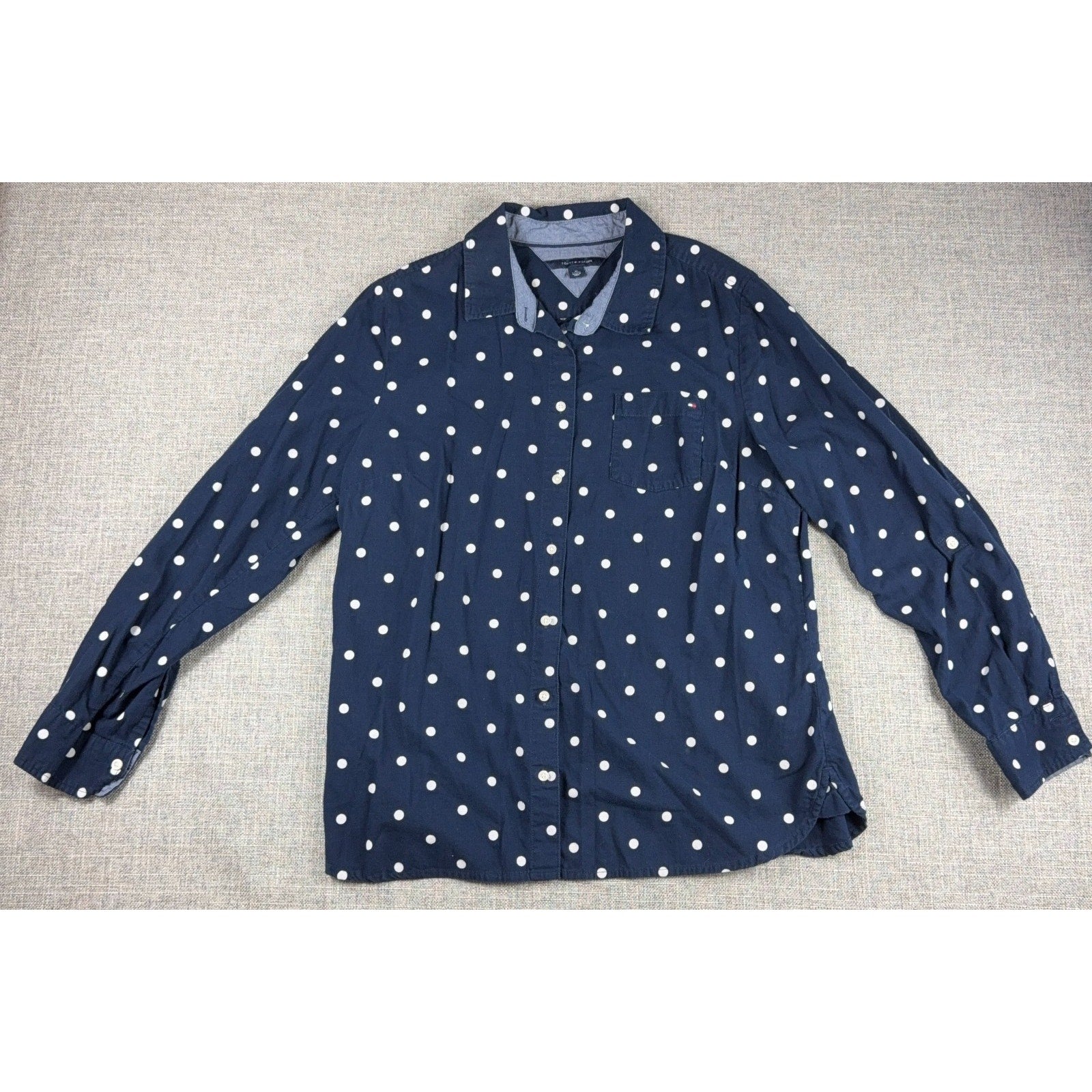 Tommy Hilfiger Womens XL Navy Polka Dot Button Up Shirt Long Sleeve Pocket