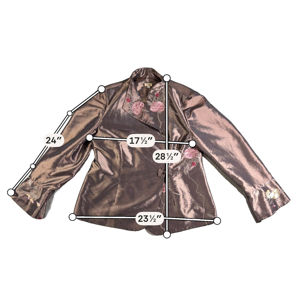 Mina Collections Womens L Embroidered Satin Jacket Floral Frog Closure Asian