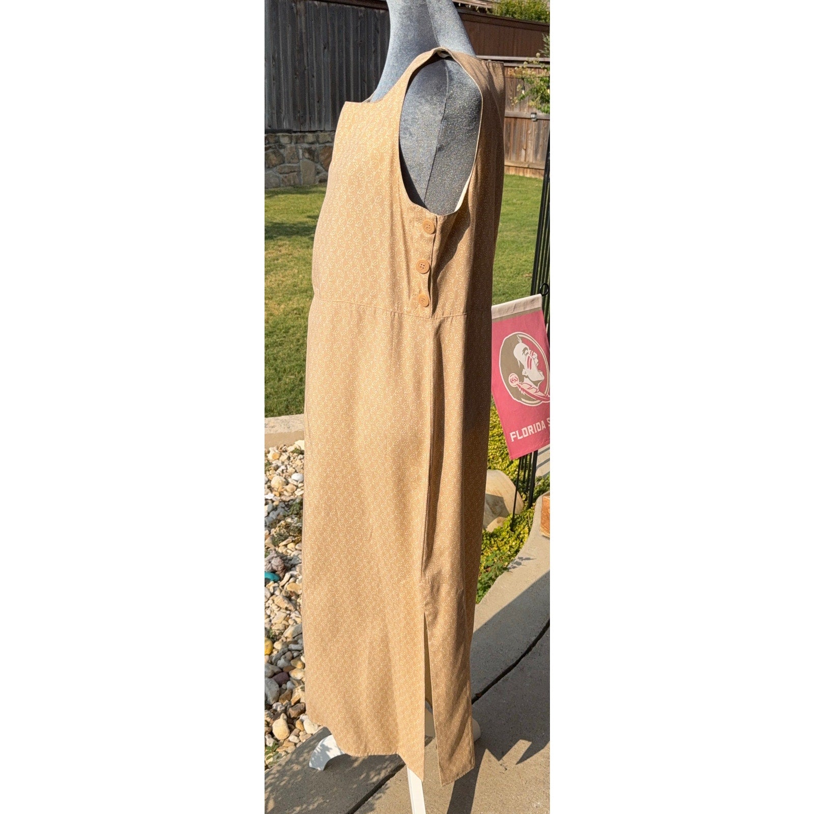 Vintage Norton McNaughton Maxi Dress M 100% Rayon Tan Leaf Print 90s Sleeveless