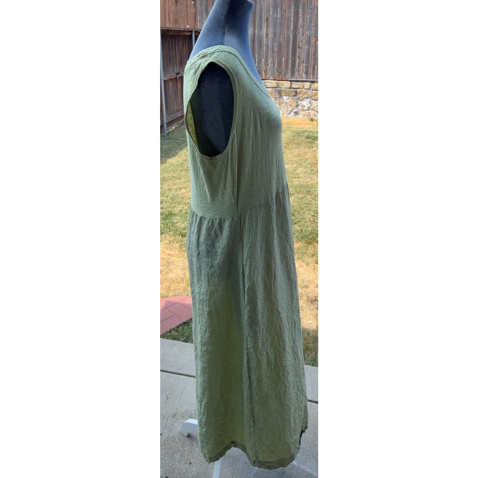 Cut Loose Dress Womens L Olive Green Linen Cotton Polka Dot Lagenlook Maxi USA
