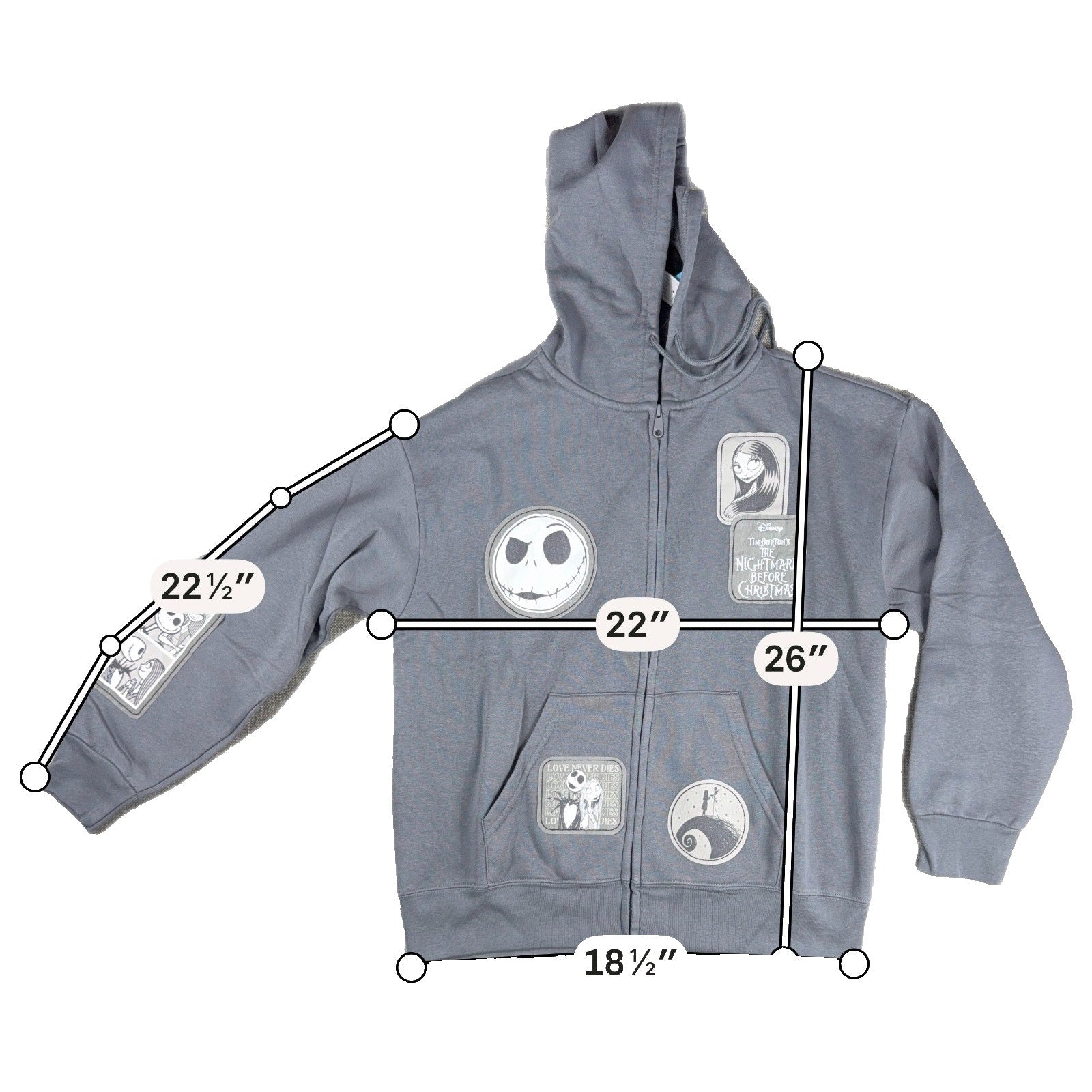 Disney Nightmare Before Christmas Jack Sally Patch Hoodie Womens L Gray NWT