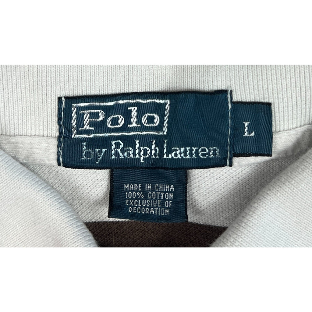 Polo Ralph Lauren Mens L White Brown Striped Pony Logo Cotton Polo Shirt