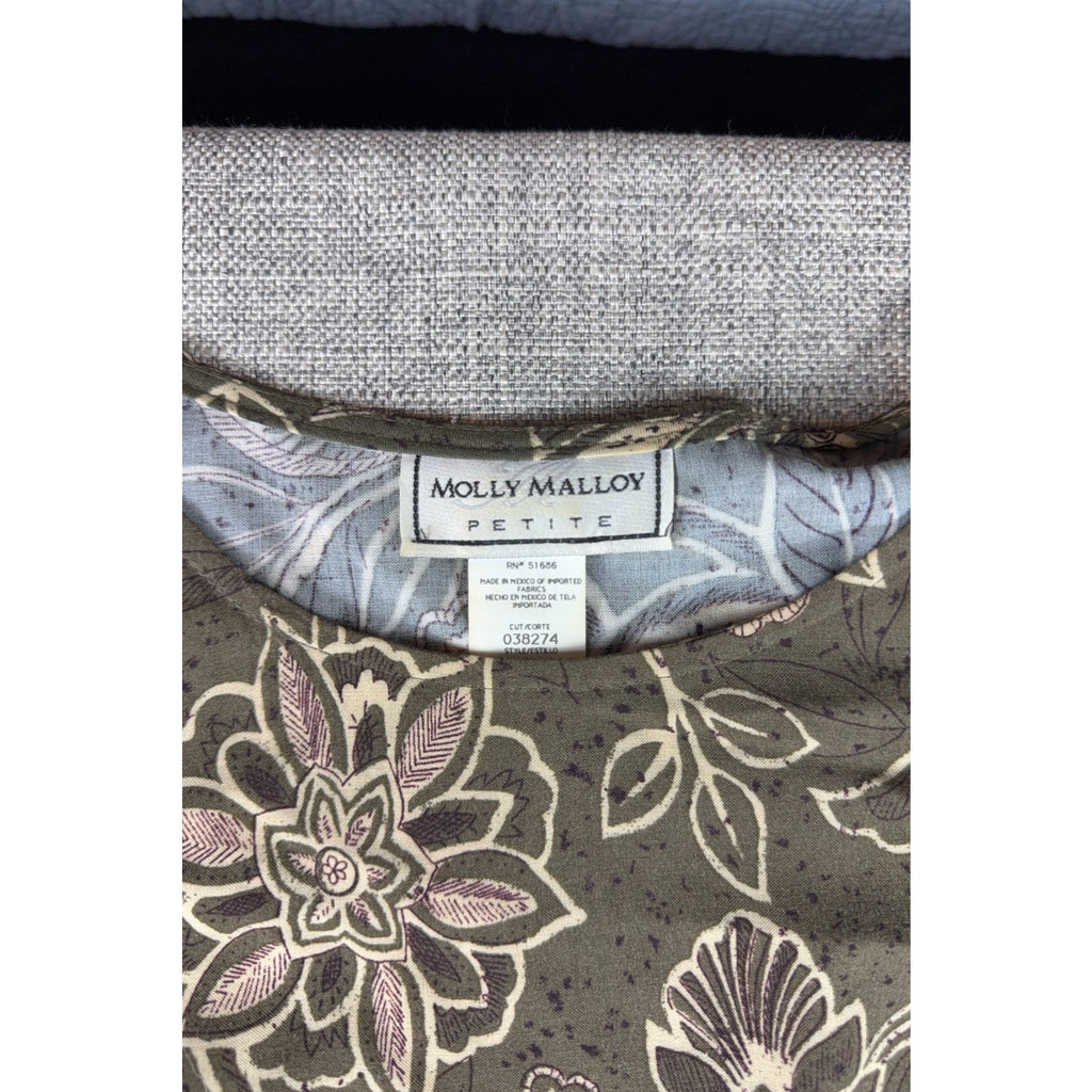 Molly Malloy Petite Maxi Dress Olive Floral Border Print Boho Pockets Tie Back