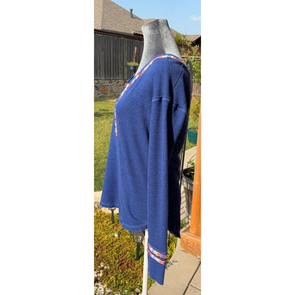 We The Free Free People Thermal Henley Top Small Blue Braided Trim Boho