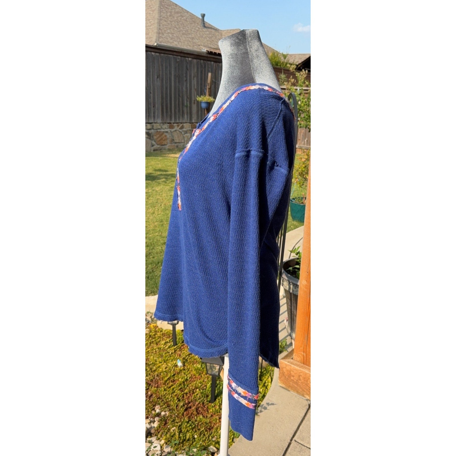 We The Free Free People Thermal Henley Top Small Blue Braided Trim Boho