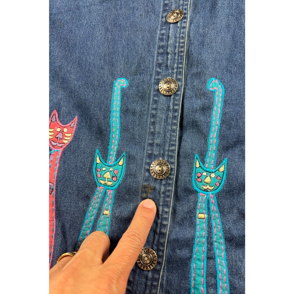 Life Style Plus Denim Cat Shirt Womens Embroidered Applique Whimsical Novelty