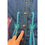 Life Style Plus Denim Cat Shirt Womens Embroidered Applique Whimsical Novelty
