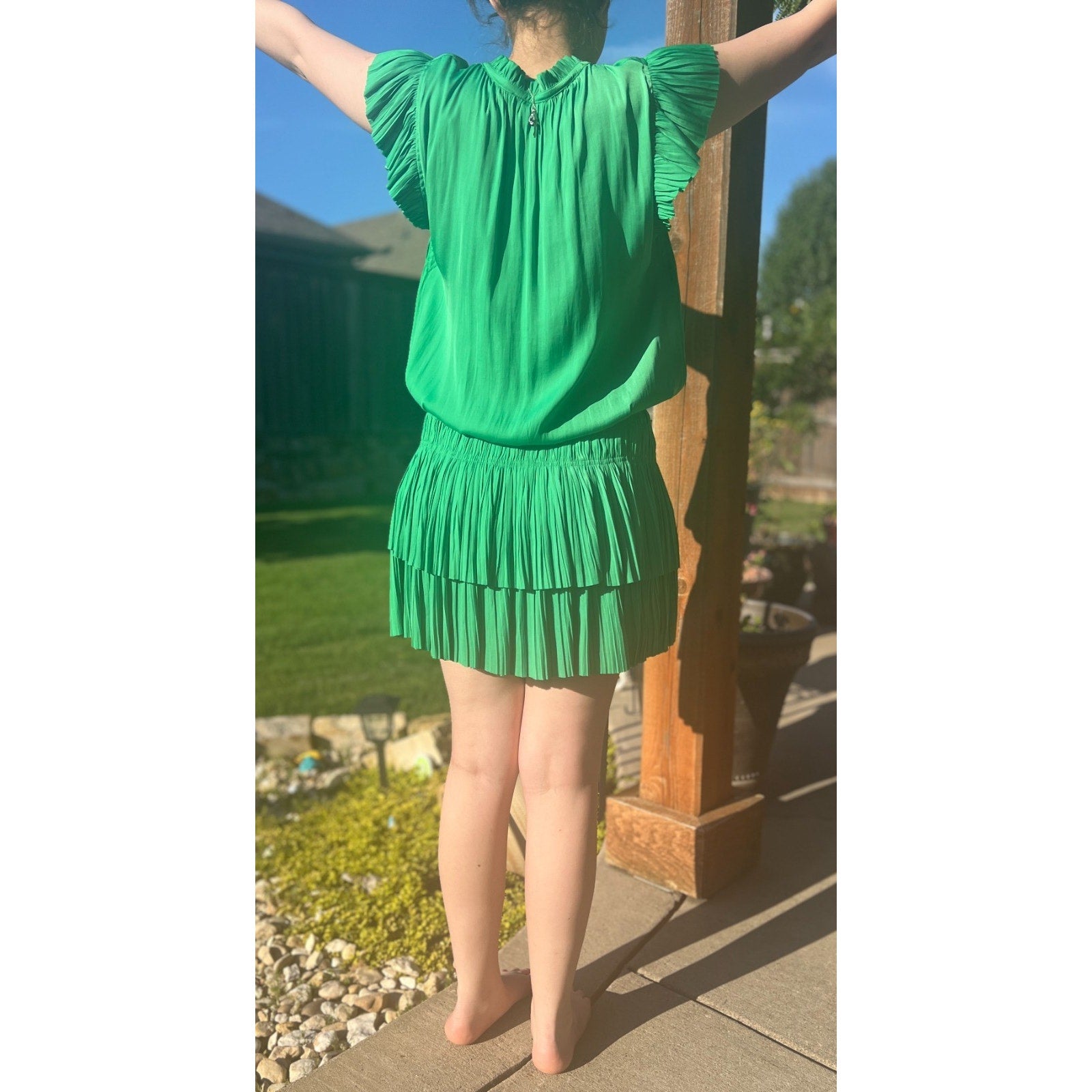Current Air Los Angeles Green Pleated Mini Dress Womens Medium Ruffle Boho