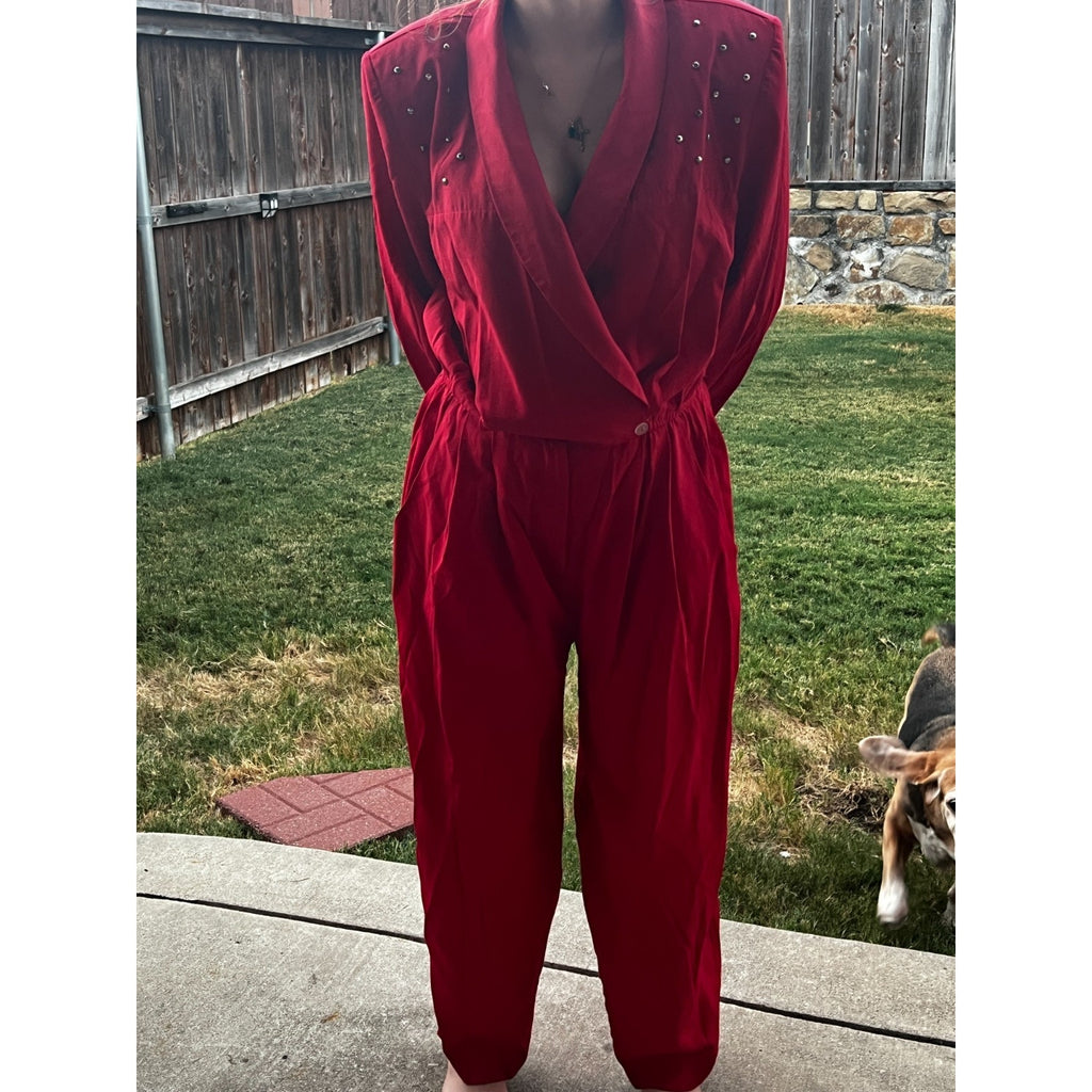 Vintage 80s Red Studded Jumpsuit Womens Power Suit Shoulder Pads Glam Retro