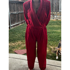 Vintage 80s Red Studded Jumpsuit Womens Power Suit Shoulder Pads Glam Retro