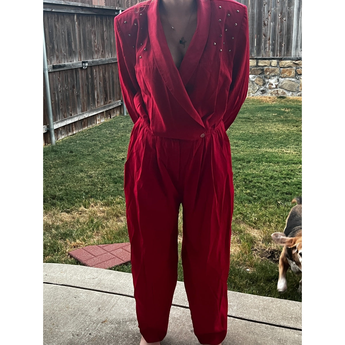 Vintage 80s Red Studded Jumpsuit Womens Power Suit Shoulder Pads Glam Retro