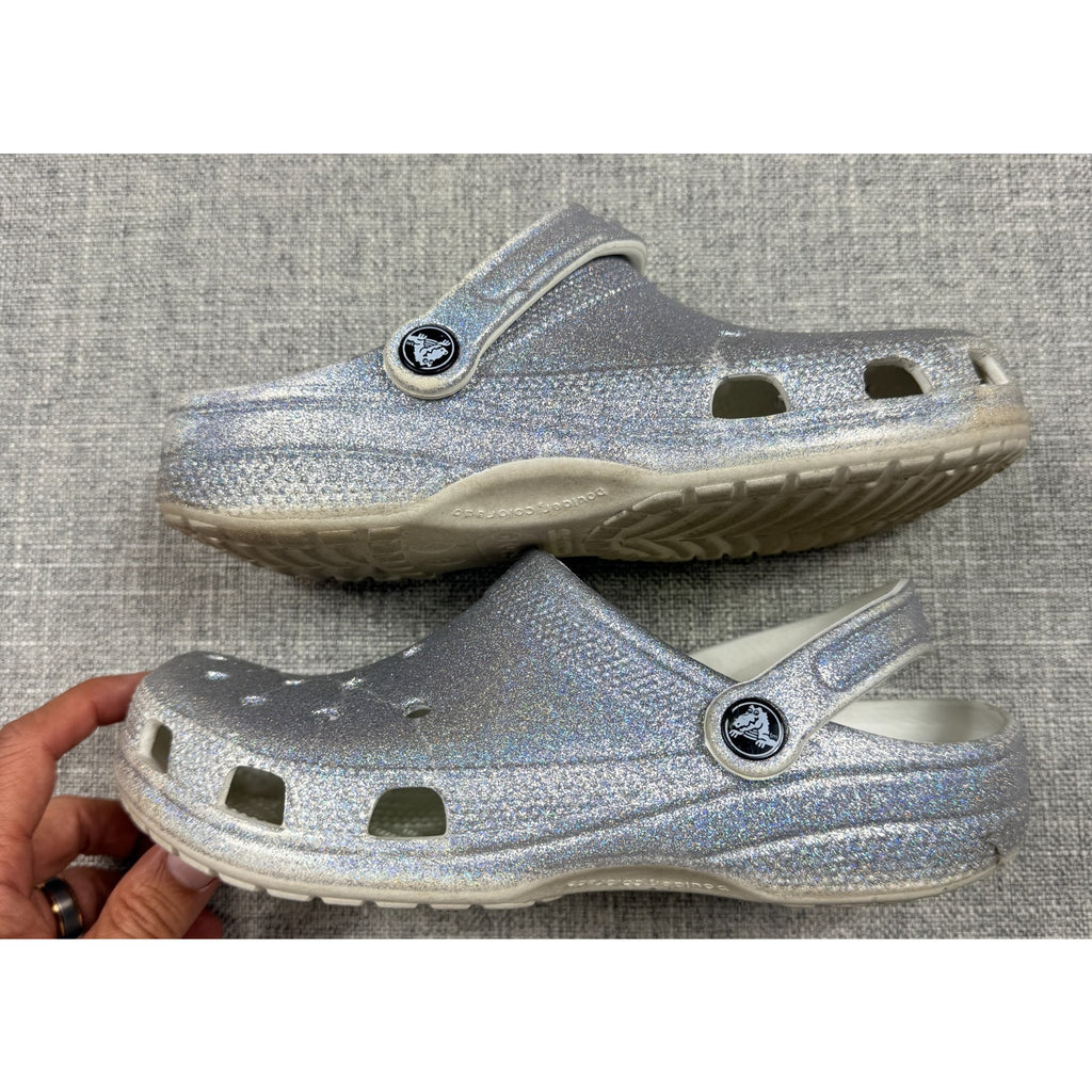 Crocs Classic Glitter Clogs Silver M6 W8 Iridescent Sparkle 205942