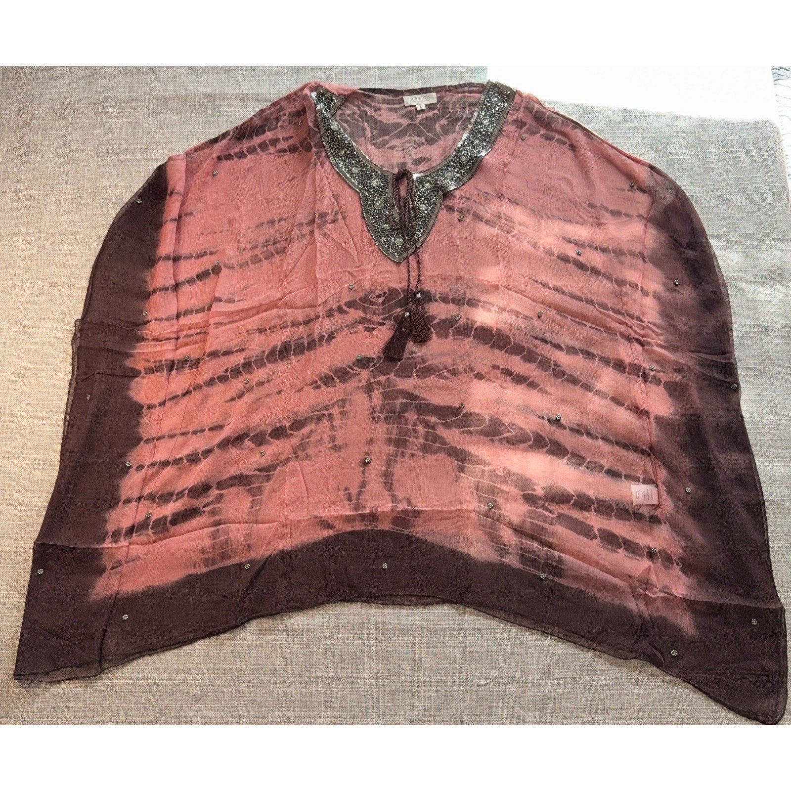 NOVICA Vijay Singh 2 Piece Beaded Sheer Kaftan Tunic Tank L NWOT Boho