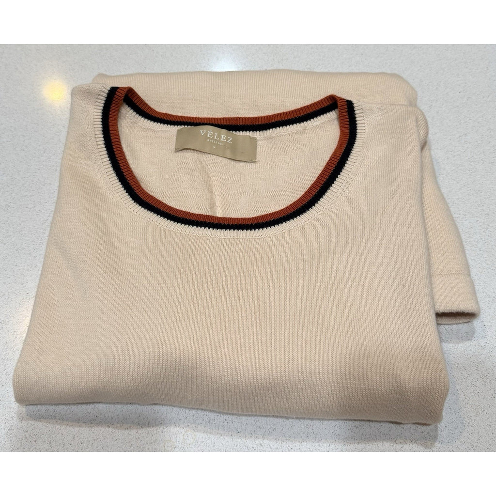 Velez Artisan Knit Top Womens L Beige 100% Cotton Short Sleeve Minimalist Luxury