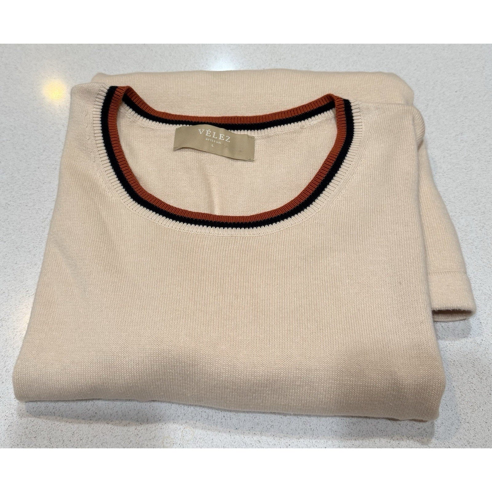 Velez Artisan Knit Top Womens L Beige 100% Cotton Short Sleeve Minimalist Luxury