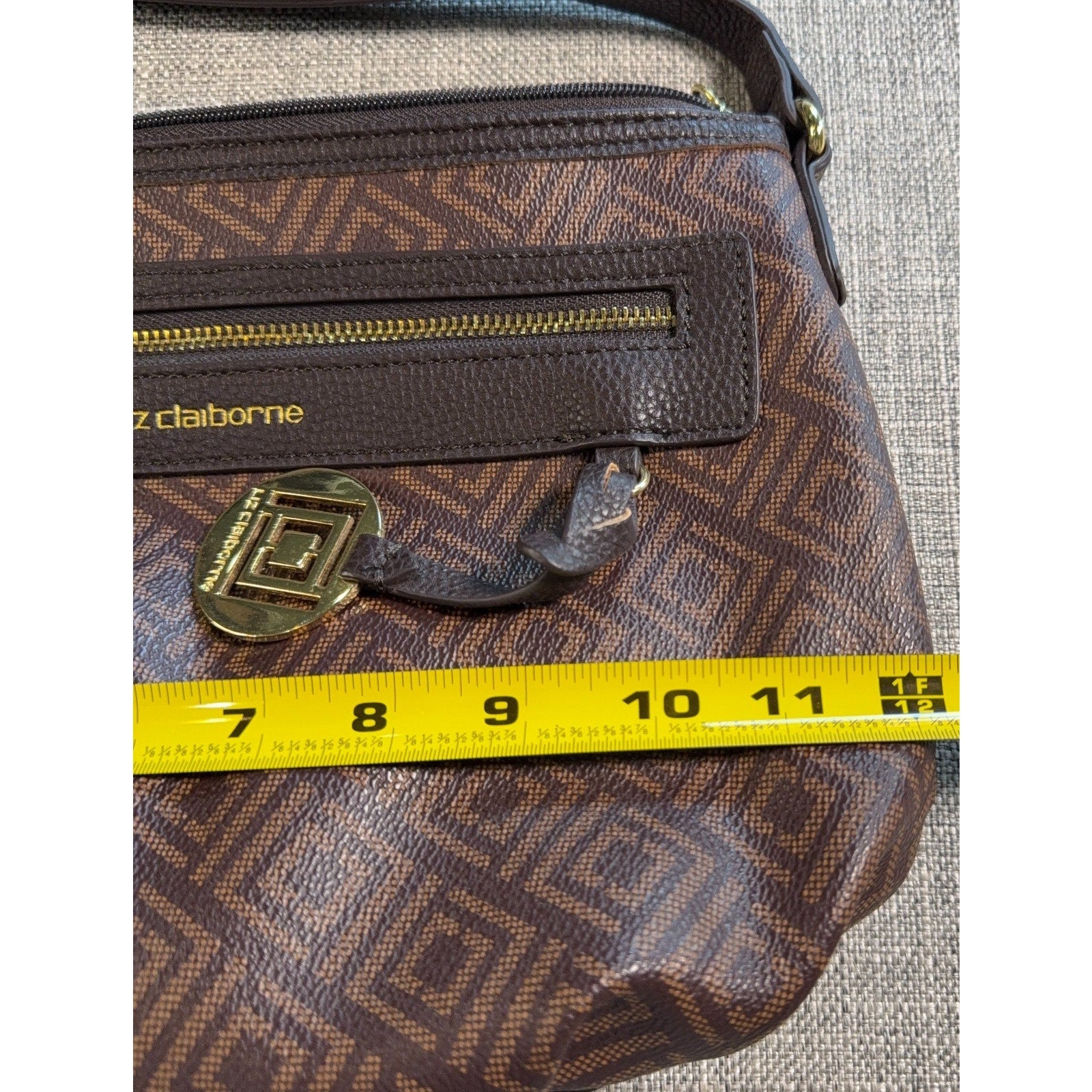 Liz Claiborne Brown Monogram Shoulder Bag Purse Faux Leather Geometric