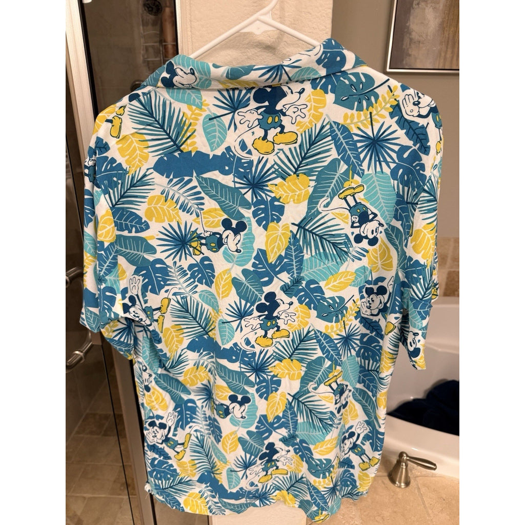 Disney Mickey Mouse Tropical Hawaiian Shirt Men’s M Blue Yellow Button Front