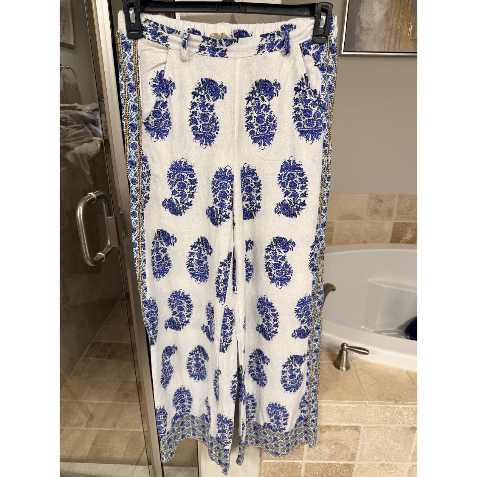 Atelier Nicole Miller Womens XS Blue White Boho Palazzo Pants Wide Leg Resort