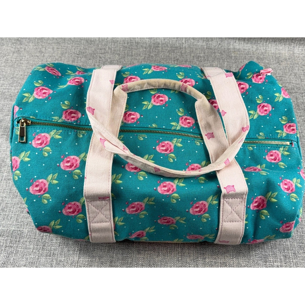 Whim + Wander Floral Canvas Duffel Bag Teal Pink Rose Weekender Shoulder Strap
