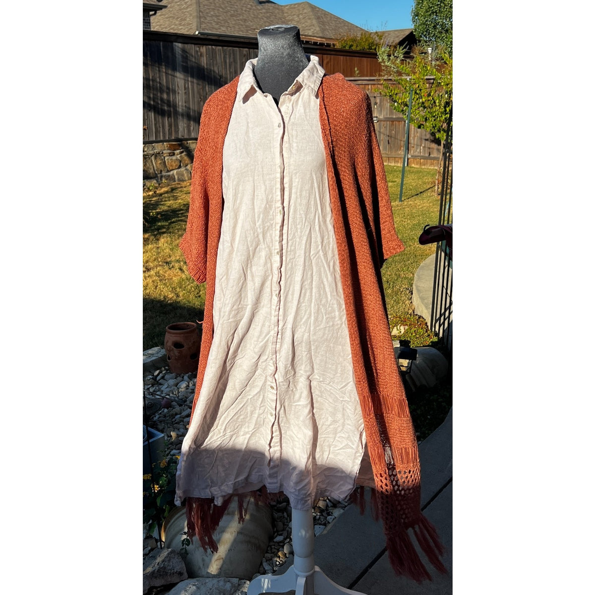 Favlux Rust Crochet Duster Cardigan Women L Fringe Boho Kimono Open Knit