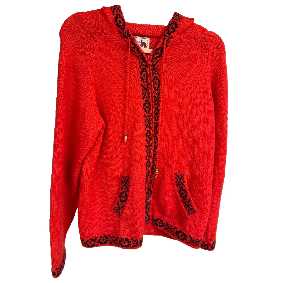 The Alpaca Connection Red Geometric Hooded Cardigan — Small