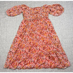 LC Lauren Conrad Dress Womens XS Coral Orange Floral Puff Sleeve Smocked Ruffle