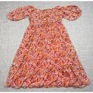 LC Lauren Conrad Dress Womens XS Coral Orange Floral Puff Sleeve Smocked Ruffle