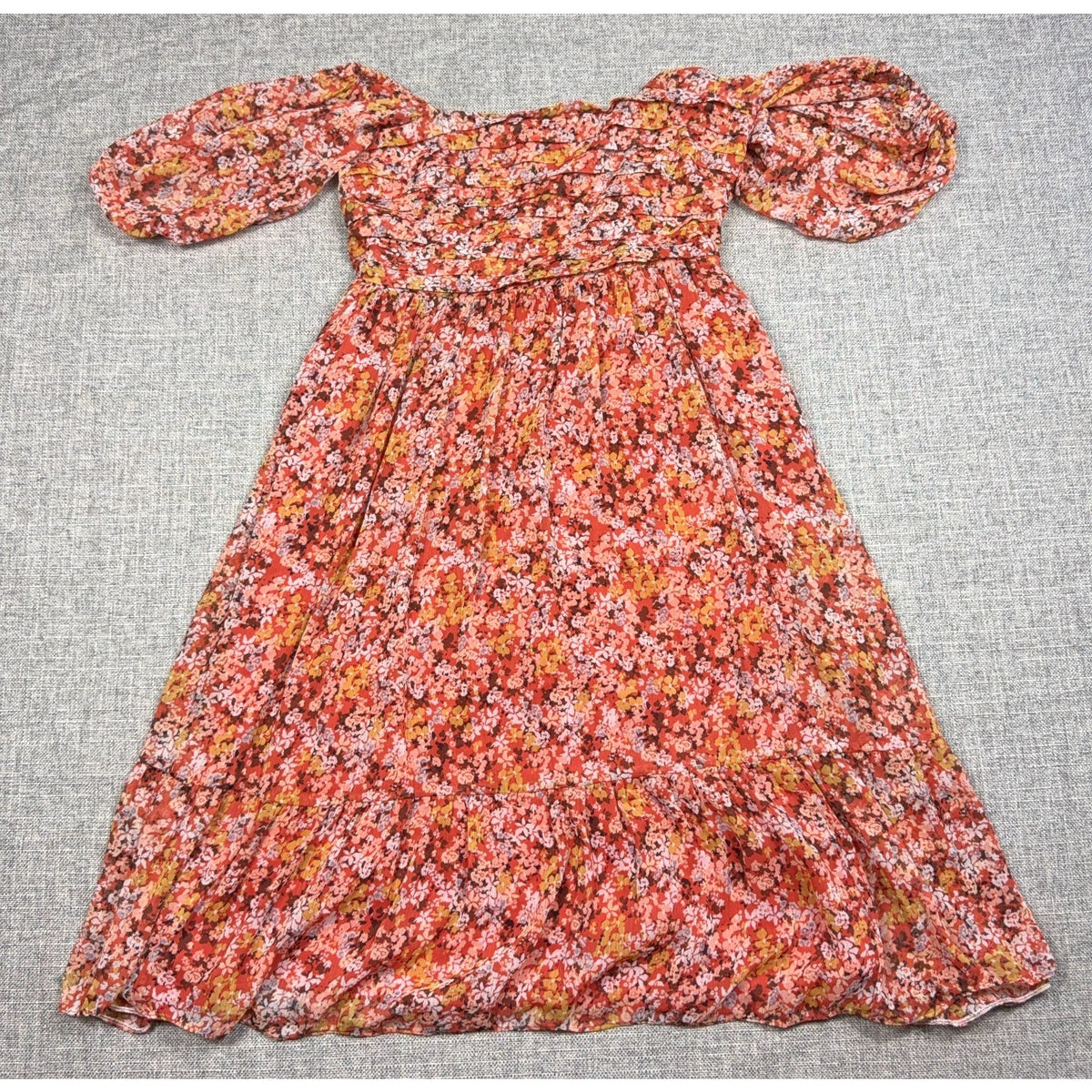 LC Lauren Conrad Dress Womens XS Coral Orange Floral Puff Sleeve Smocked Ruffle
