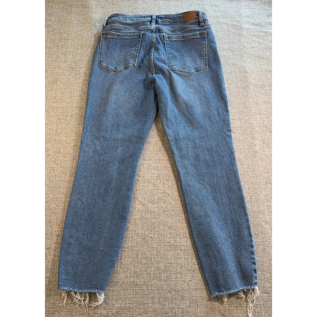 Judy Blue Jeans Women’s 3/26 Relaxed Fit Raw Hem Blue Embroidered Sunflower Boho