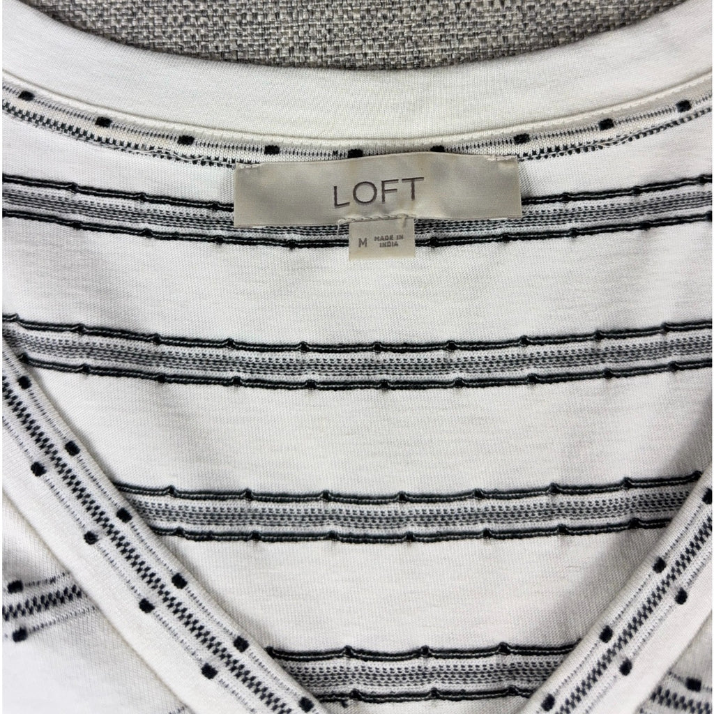 LOFT Womens Medium Striped V Neck T Shirt Dress Black White Short Sleeve Casual