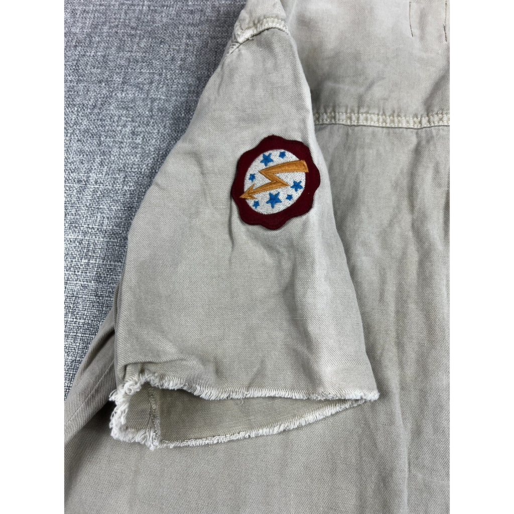 Zara Man Military Patch Shirt Mens S Distressed Khaki Relaxed Fit Utility