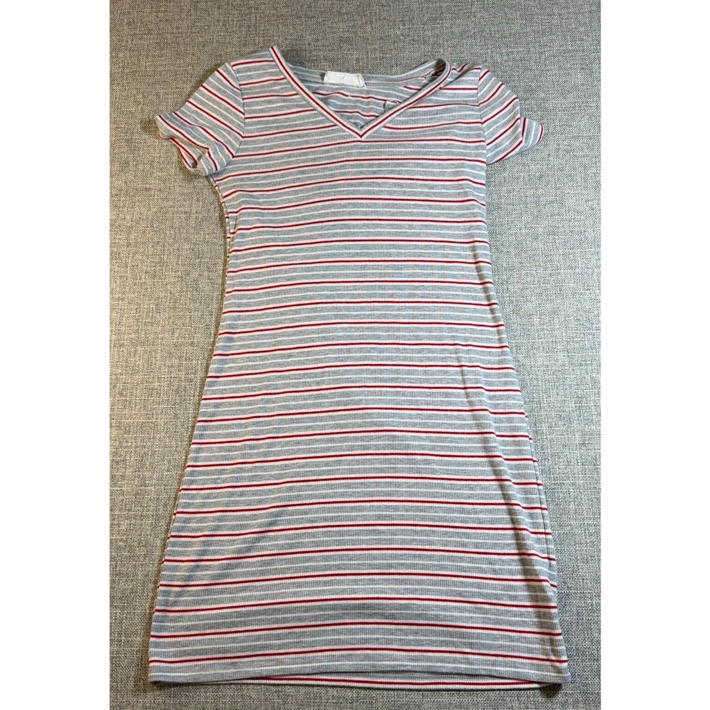 Pink Rose Striped Ribbed Mini Dress Gray Red White V Neck Short Sleeve Y2K
