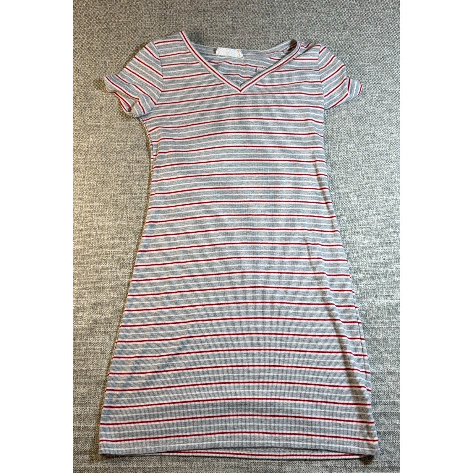 Pink Rose Striped Ribbed Mini Dress Gray Red White V Neck Short Sleeve Y2K
