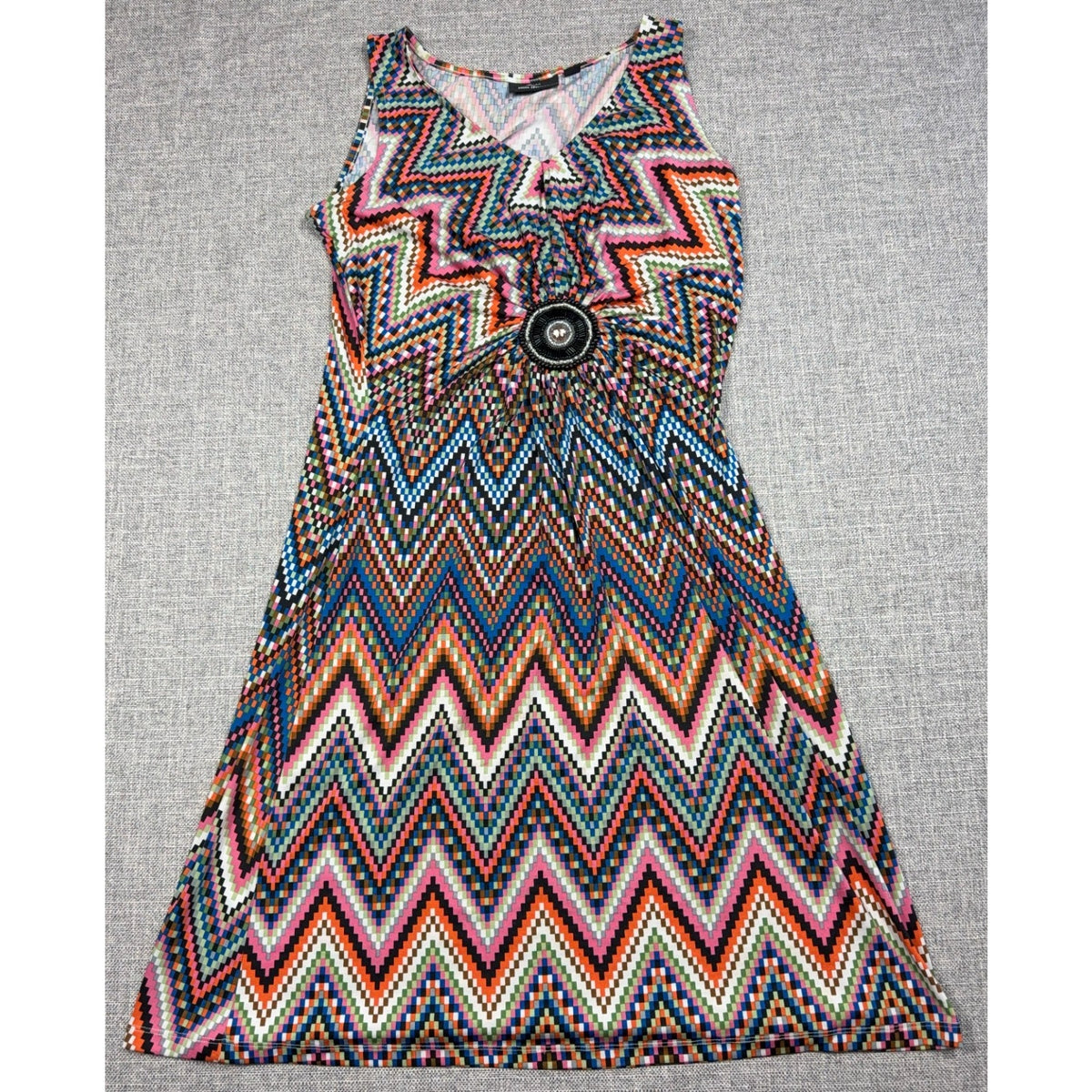 Lennie for Nina Leonard Dress Medium Chevron Beaded V Neck Sleeveless Stretch
