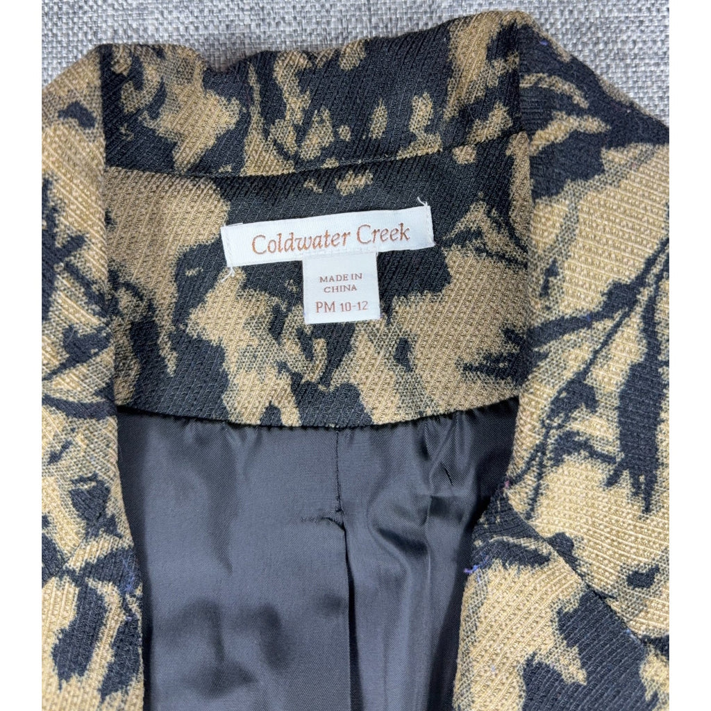Coldwater Creek Womens PM 10-12 Floral Tapestry Blazer Jacket Black Tan 3/4 Slee